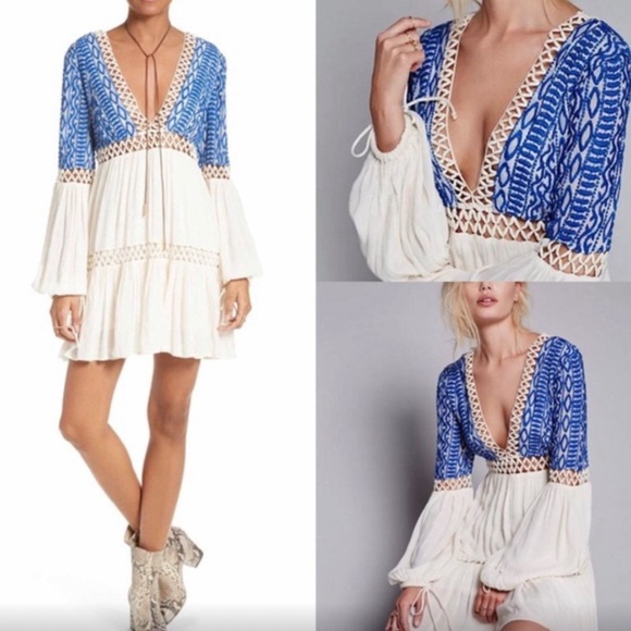 FREE PEOPLE Dusk Till Dawn Embroidered Blue Boho Mini Dress - Size S/4 - NWoT! - Picture 4 of 10